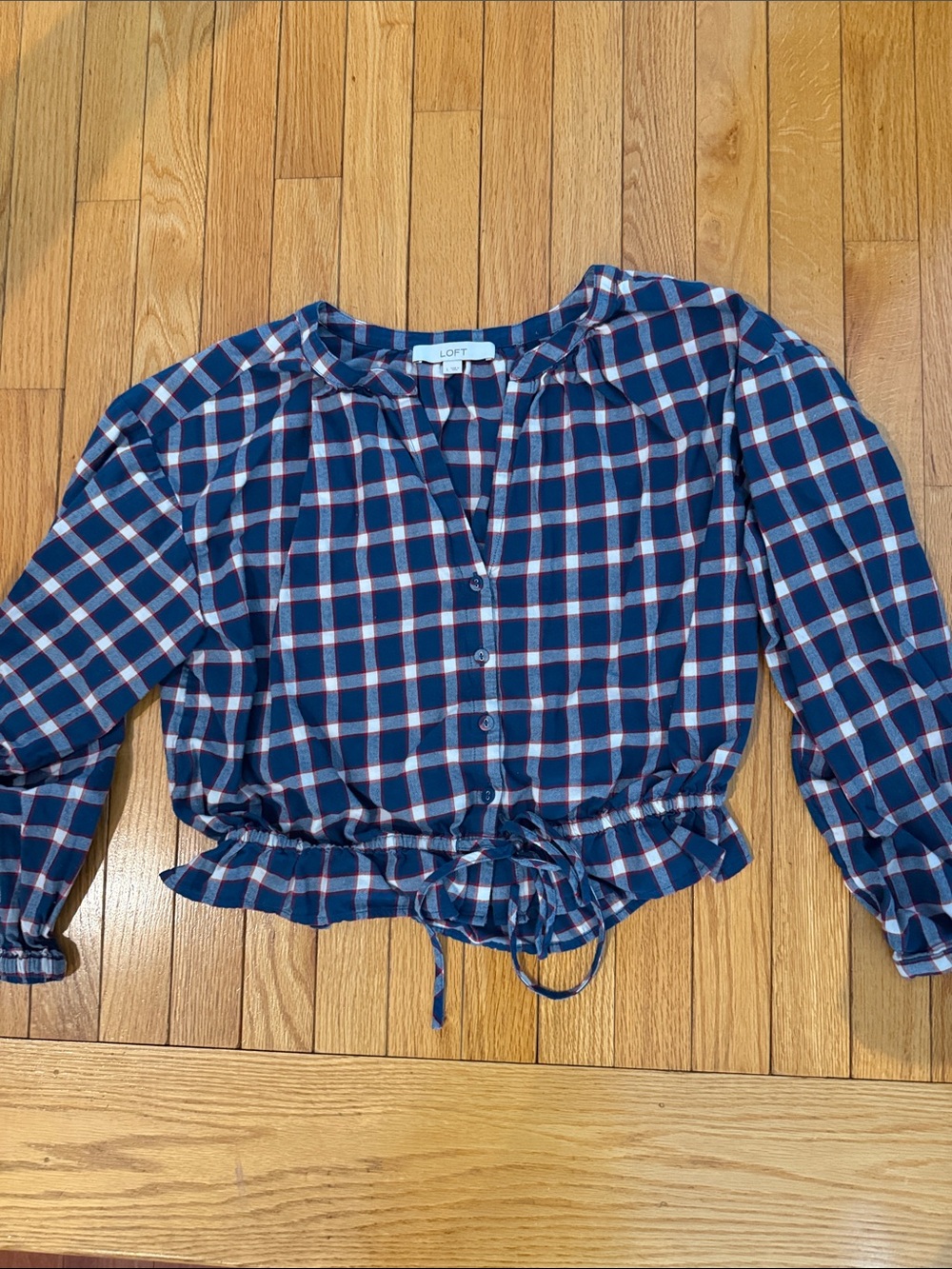 LOFT Navy and White Plaid Button-Front Tie-Waist Top
